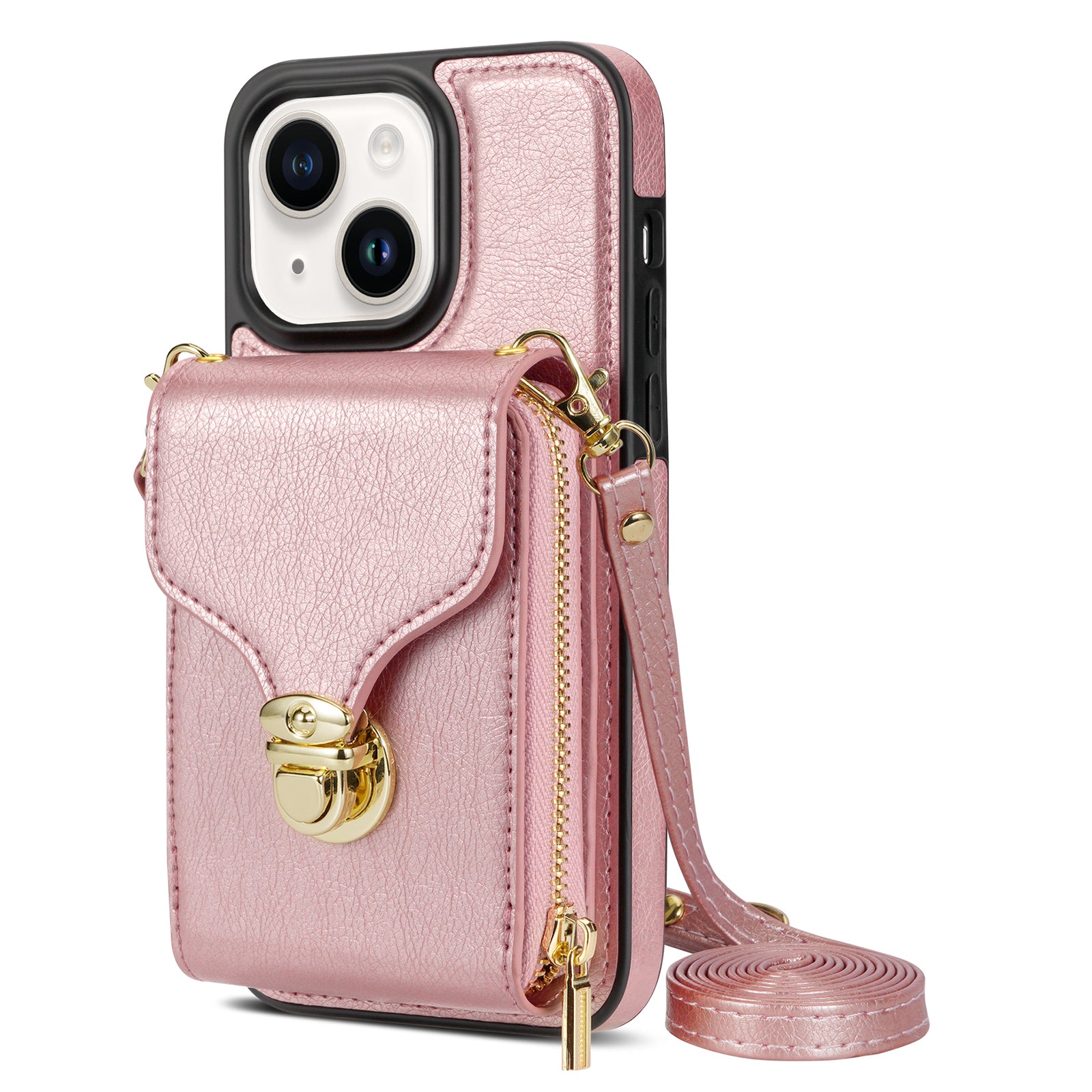 For iPhone 13 6.1 inch PU Leather Coated TPU Card Slot Case Kickstand Zipper Phone Cover with Long Lanyard For iPhone 13 6.1 inch PU Leather Coated TPU Card Slot Case Kickstand Zipper Phone Cover with Long Lanyard